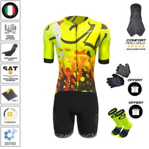 Pack Maillot Cuissard GRAFFITI Gold Jaune Fluo